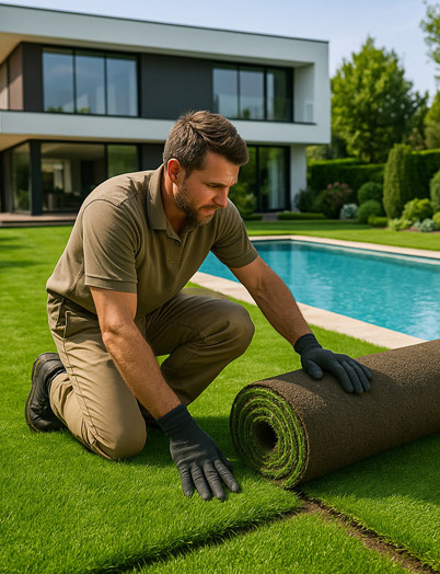 Professionnel de la pause de gazon synthétique