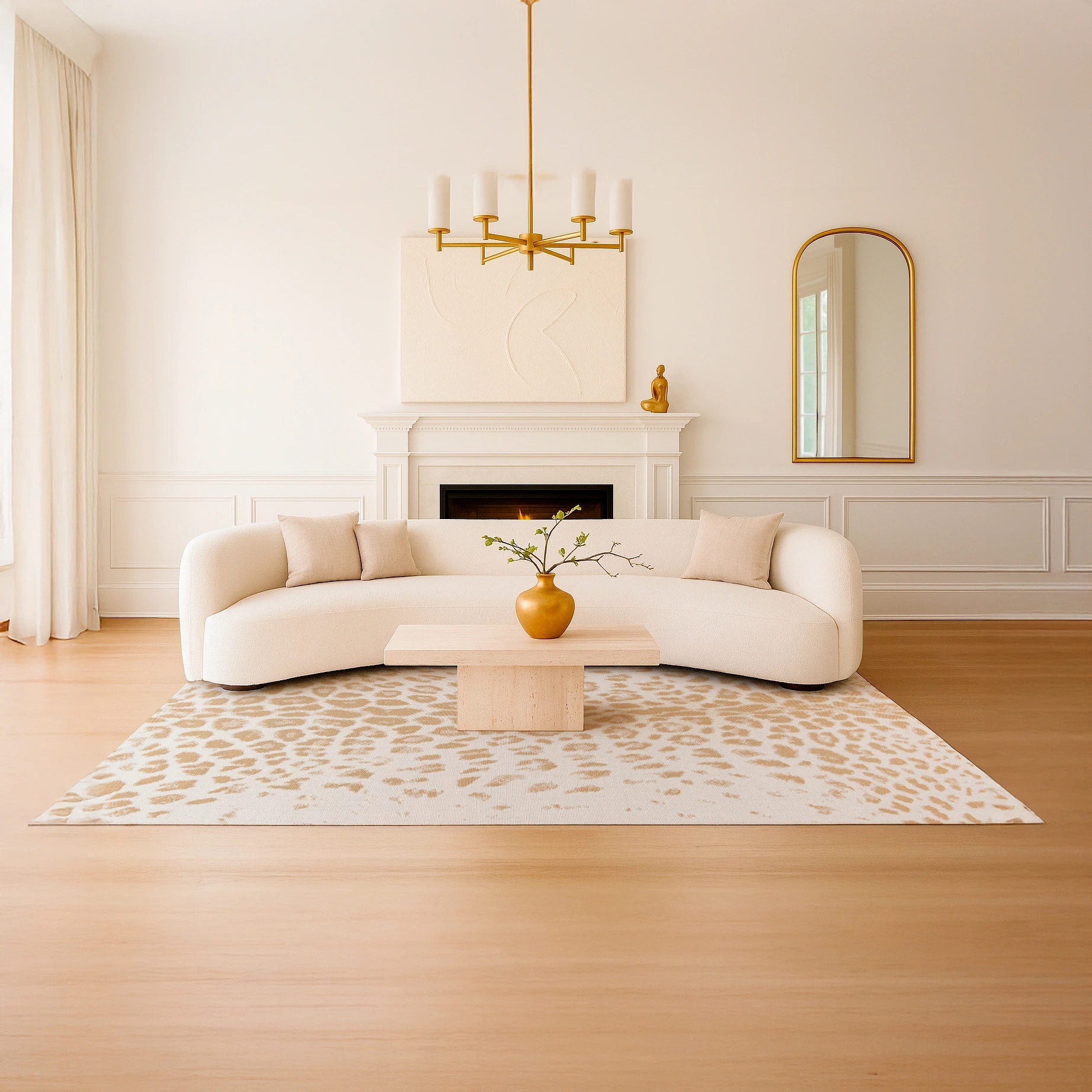 Salon moderne et chic avec un tapis de salon Léopard crème & doré