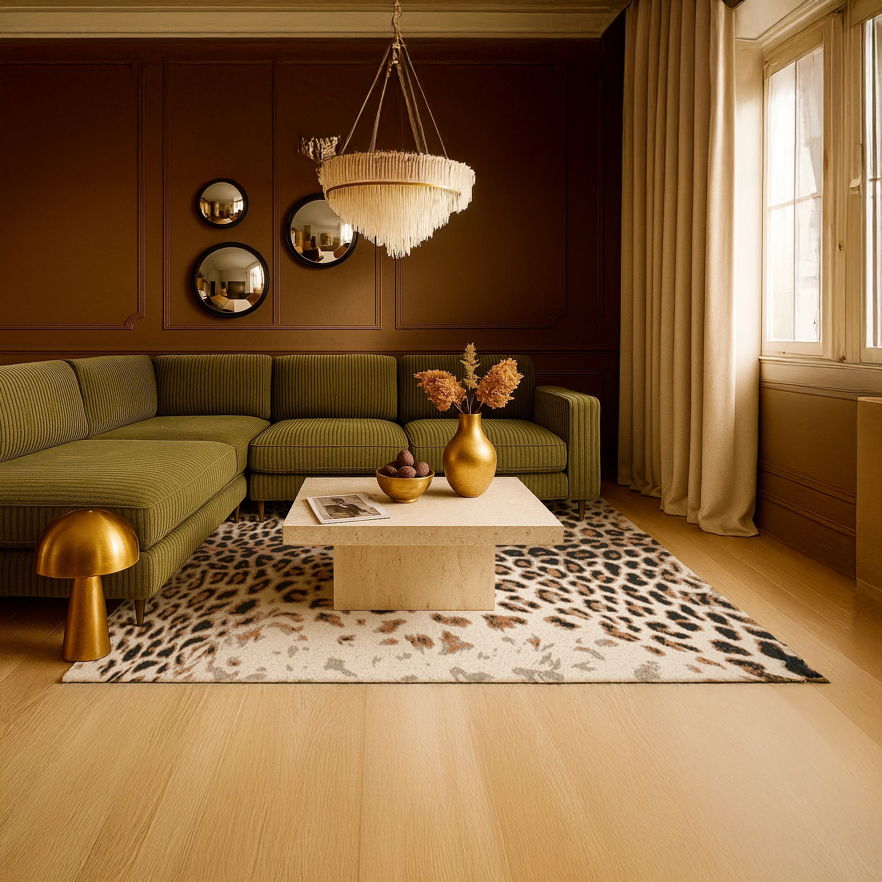 Salon moderne et chic avec un tapis de salon Léopard sauvage couleur Crème, marron & noir