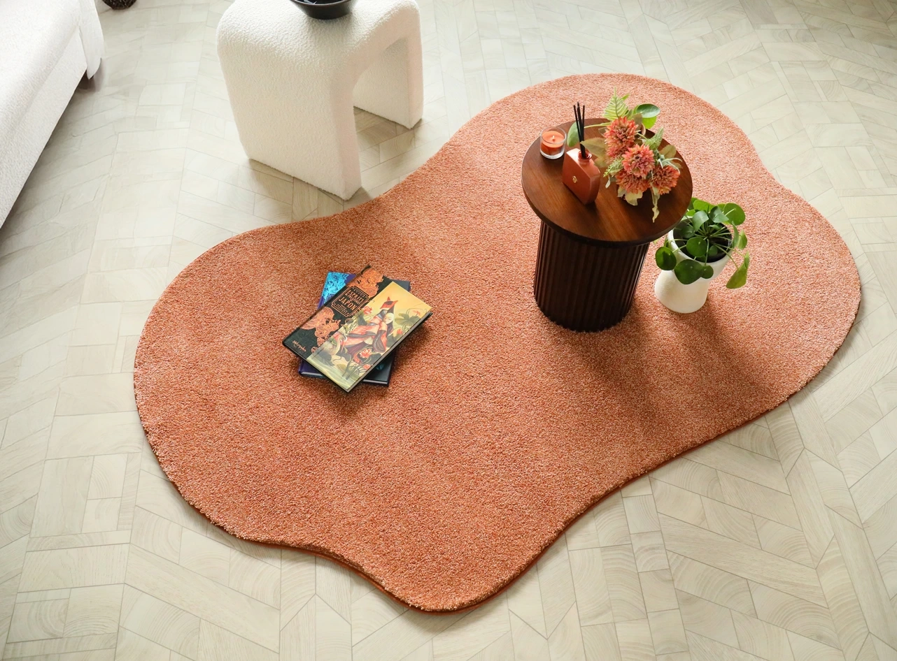 Ambiance colorée d'un tapis de forme organique rouge terracotta