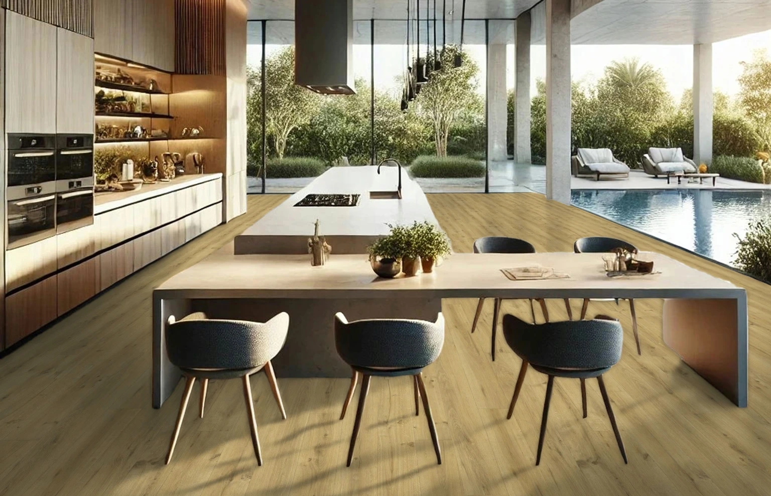 Sol en PVC effet parquet scandinave chêne doré dans une pièce de vie moderne près d’une piscine