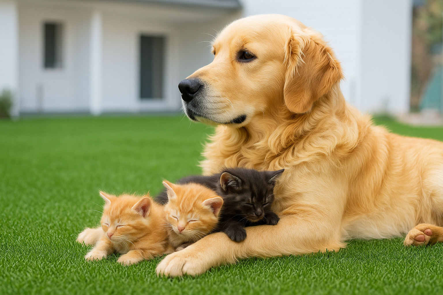 Un chien et des chats allongés sur du gazon synthétique