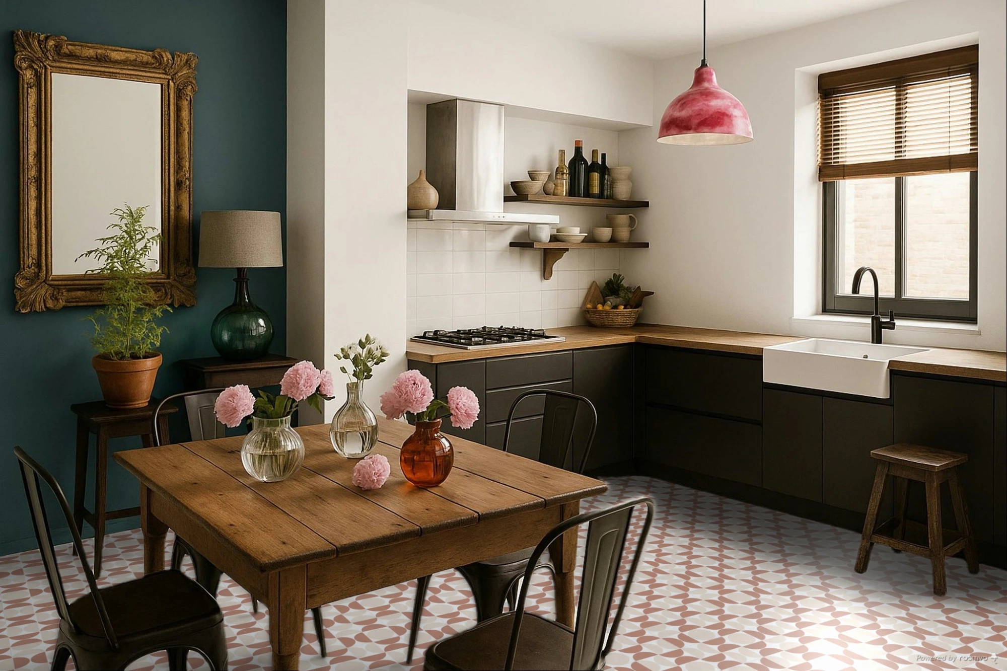 Cuisine rétro avec sol aux motifs vintage blanc et terracotta