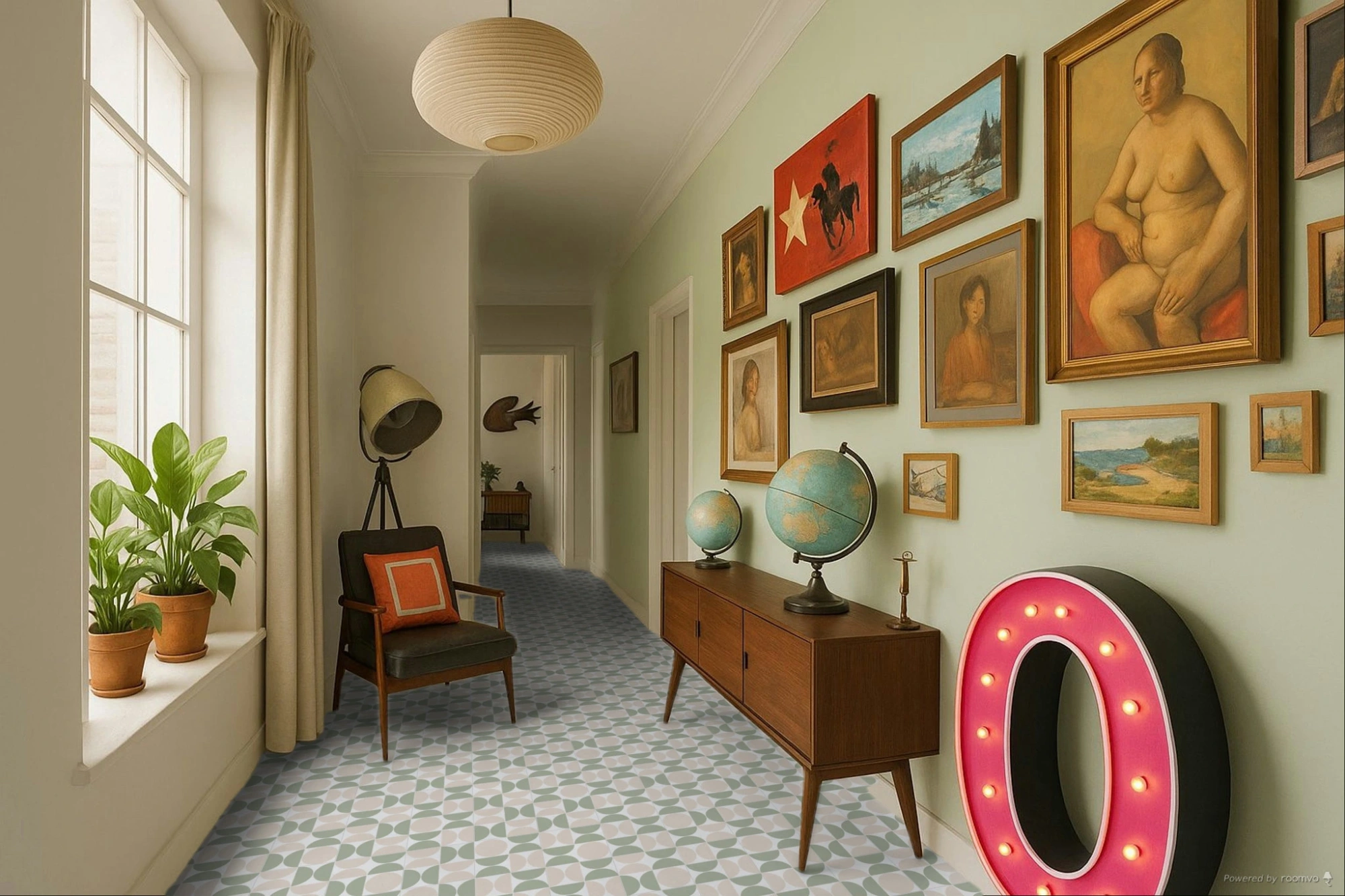 Couloir rétro avec sol aux motifs vintage blanc et vert