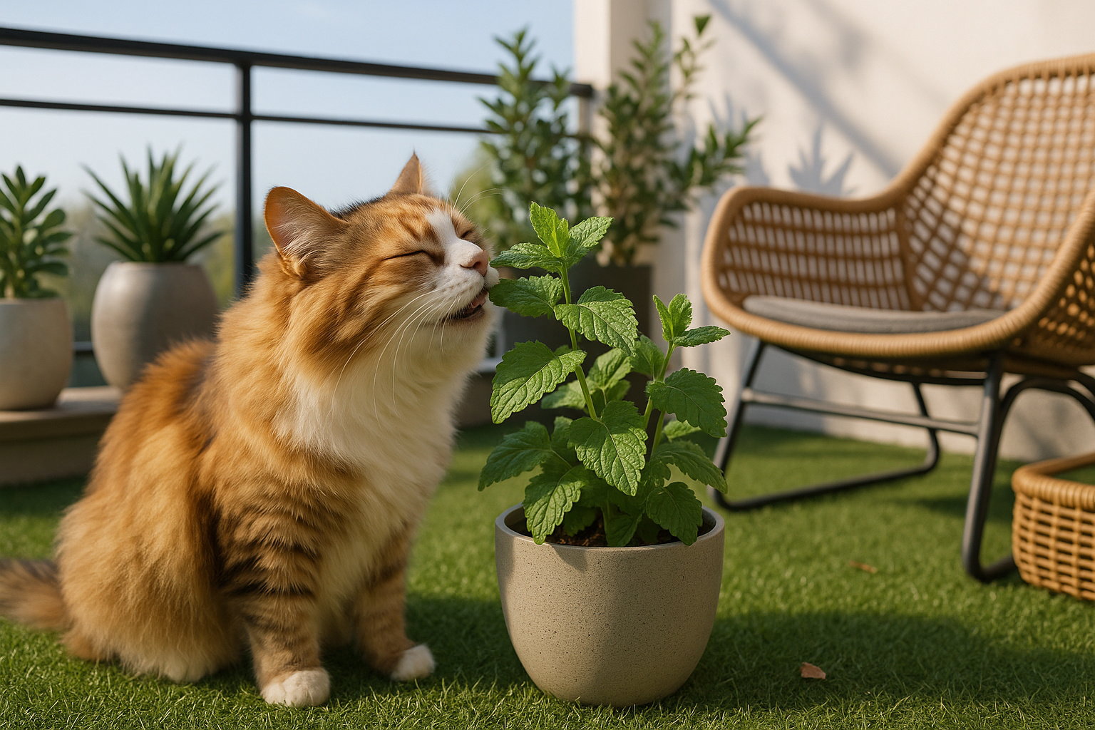 Chat mangeant une plante sur un balcon aménagé avec du gazon synthétique