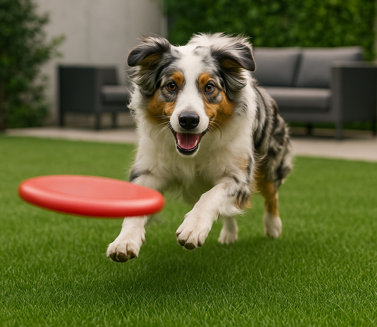 Chien en pleine course après un frisbee sur gazon synthétique