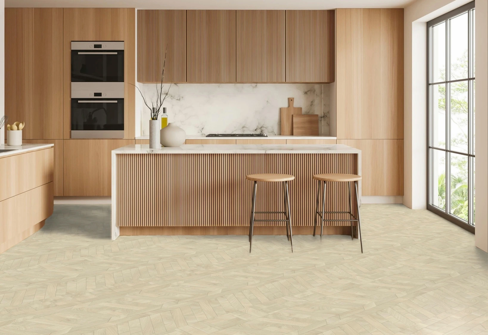 Cuisine chic en bois avec sol en PVC éco-conçu effet lamelles de bois naturel