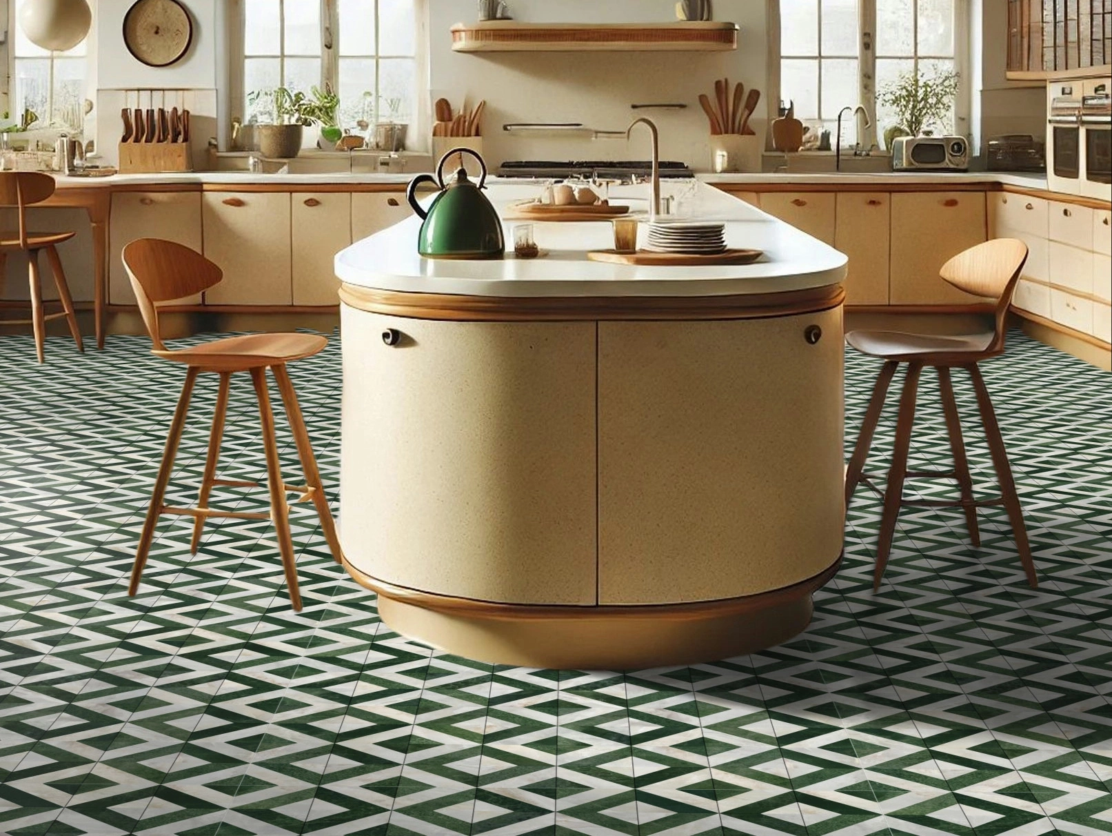 Cuisine chic et vintage avec sol en PVC éco-conçu à motifs losanges marbre blanc et vert