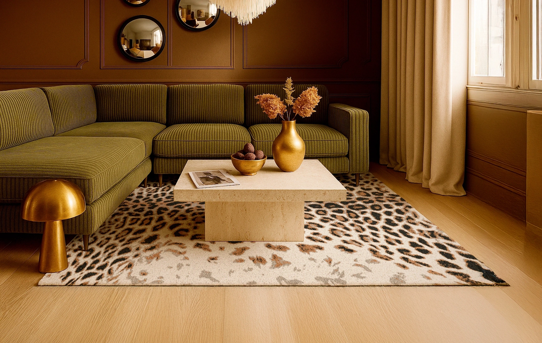 Salon moderne et chic avec un tapis de salon Léopard sauvage couleur Crème, marron & noir