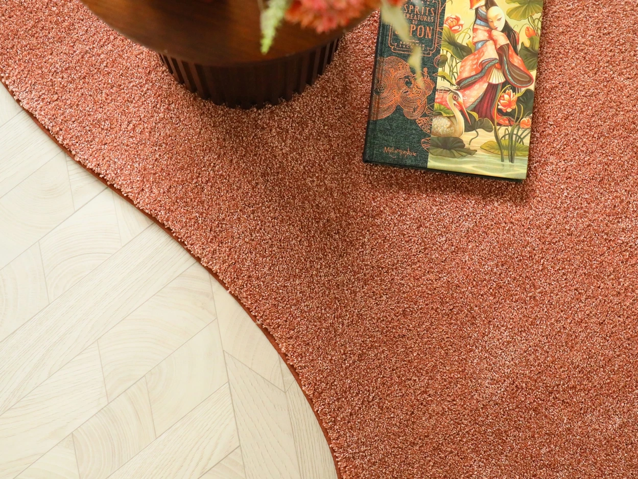 Vue du dessus d'un tapis de forme organique rouge terracotta