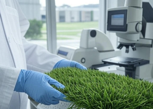 Gazon synthétique observé dans un laboratoire de recherche