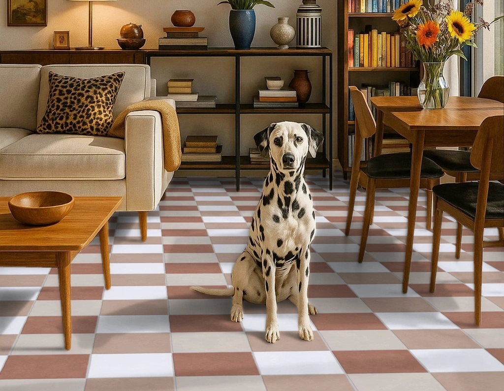 Salon rétro avec sol aux motifs vintage blanc et terracotta avec un chien