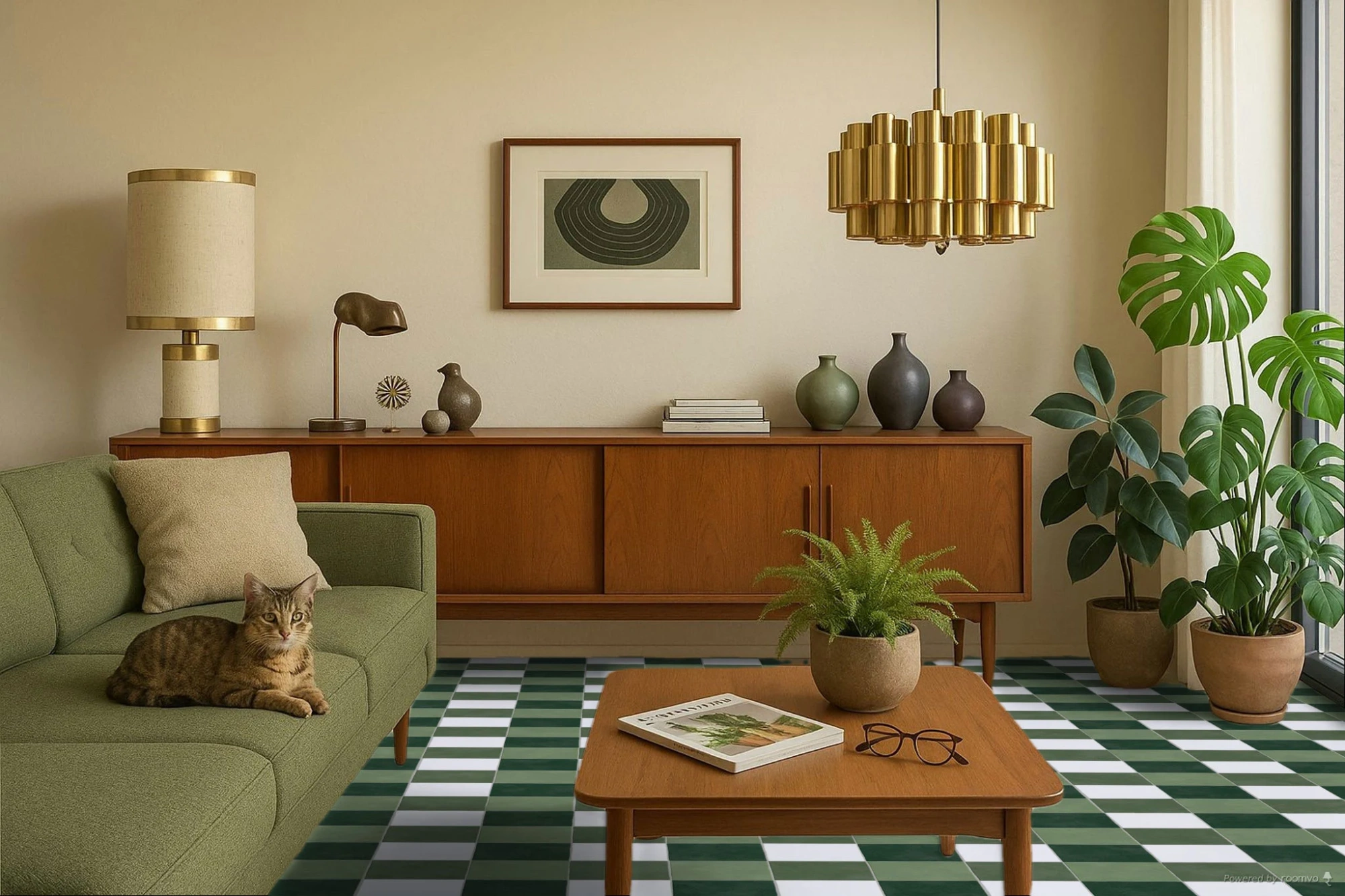 Salon rétro avec sol aux motifs vintage blanc et vert avec un chat