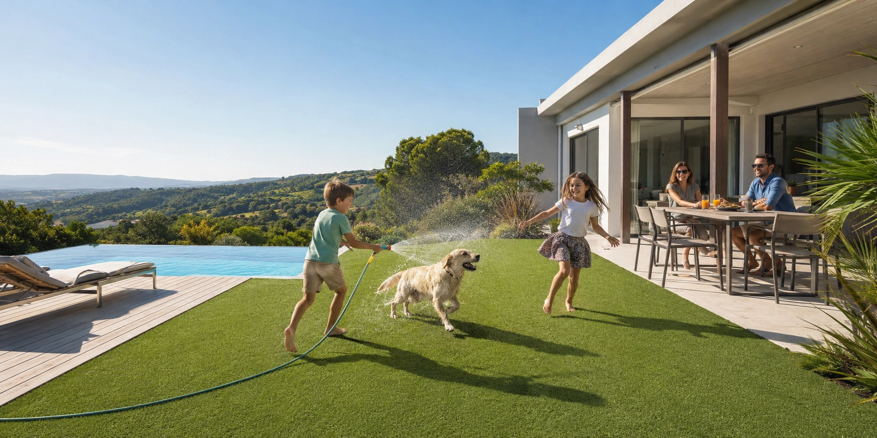 Aménagement de jardin avec gazon synthétique autour d’une piscine contemporaine