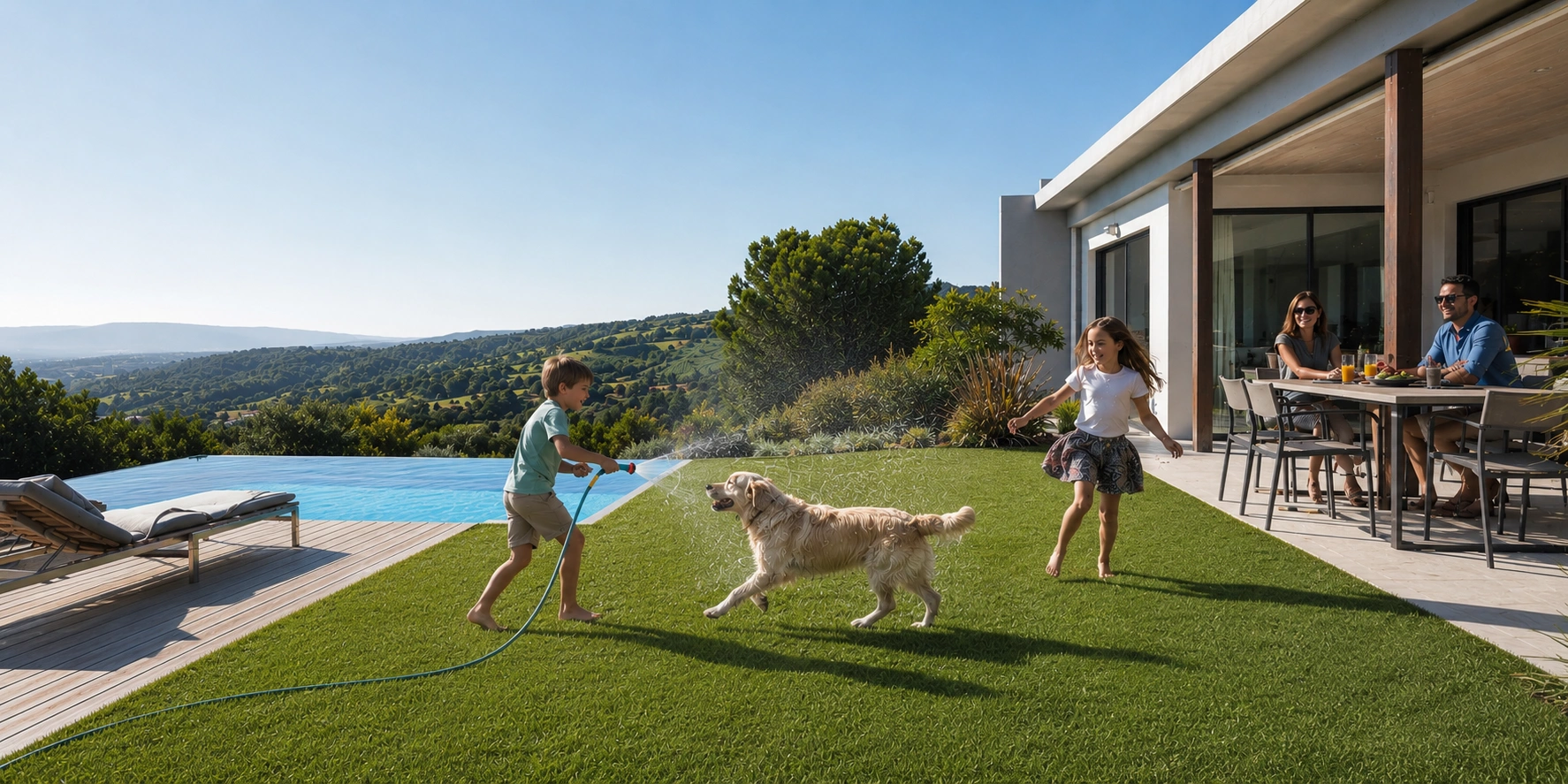 Aménagement de jardin avec gazon synthétique autour d’une piscine contemporaine