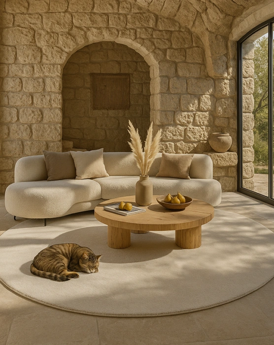 Salon en pierres apparentes avec tapis sur mesure rond