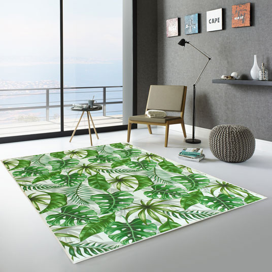 Tapis toucher soft - Imprimé feuilles exotique - Vert et écru - Ambiance Salon