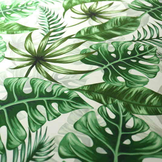Tapis toucher soft - Imprimé feuilles exotique - Vert et écru - Vue de près