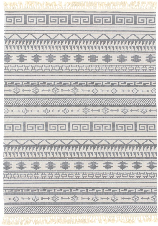Tapis en coton blanc à franges - Aztèque - Motifs gris
