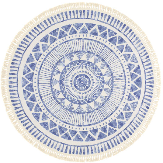 Tapis rond en coton blanc à franges - Aztèque - Motifs bleu