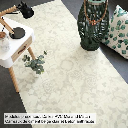 Dalle sol PVC Clipsable Mix and Match - Click 5G - Carreaux de ciment beige clair - Vue de loin