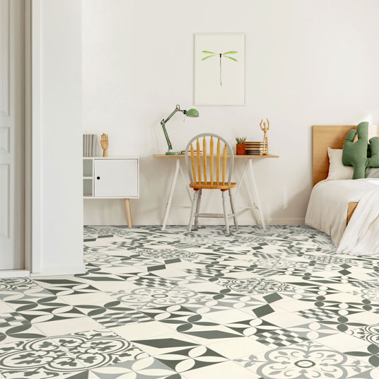 Sol Vinyle Style - Carreaux de ciment Floral et 3D - Noir et blanc cassé - Chambre