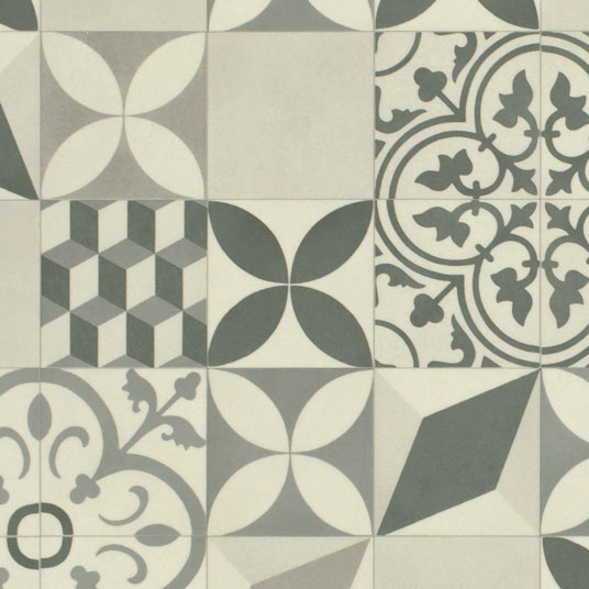 Sol Vinyle Textile Rénove - Imitation Carreaux de ciment floral et 3D - Beige et gris