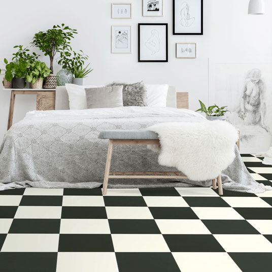 Sol Vinyle Style - Effet damier carreaux noir et blanc - Ambiance chambre