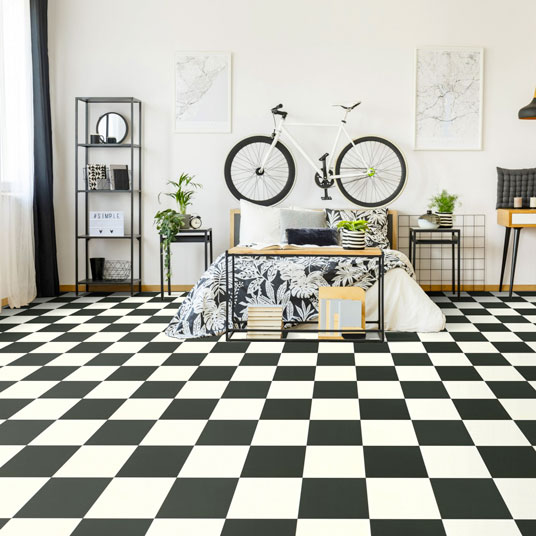 Sol Vinyle Style - Effet damier carreaux noir et blanc - Chambre
