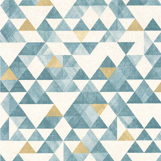 Papier peint vinyle sur intissé - Rétro - Crème motif triangle bleu et or - Sans perspective