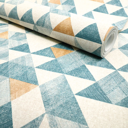 Papier peint vinyle sur intissé - Rétro - Crème motif triangle bleu et or