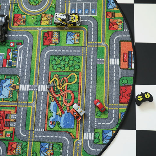 Tapis rond de jeu enfant circuit de voiture ville - vue de haut
