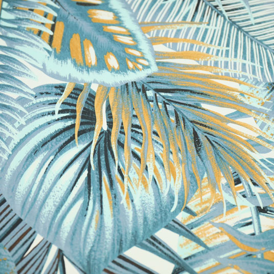 Papier peint vinyle sur intissé - Néo Jungle - Feuilles exotiques bleues - gros plan