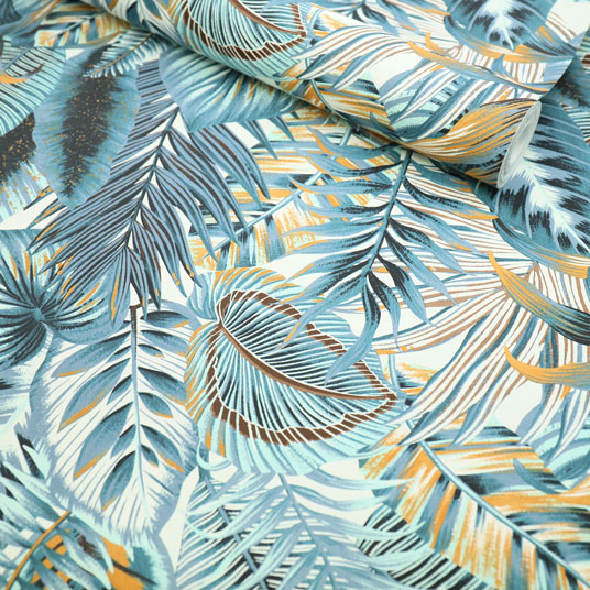 Papier peint vinyle sur intissé - Néo Jungle - Feuilles exotiques bleues