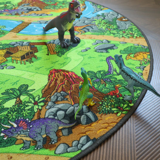 Tapis rond de jeu enfant circuit volcans et dinosaures - salon