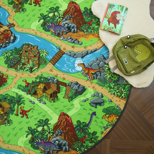 Tapis rond de jeu enfant circuit volcans et dinosaures - vue de haut
