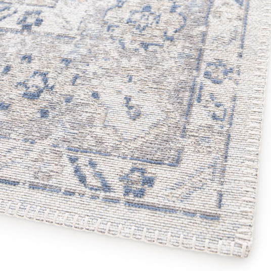 Tapis à motif oriental en tissus chenille recyclé - Yanis - Gris et bleu - coin