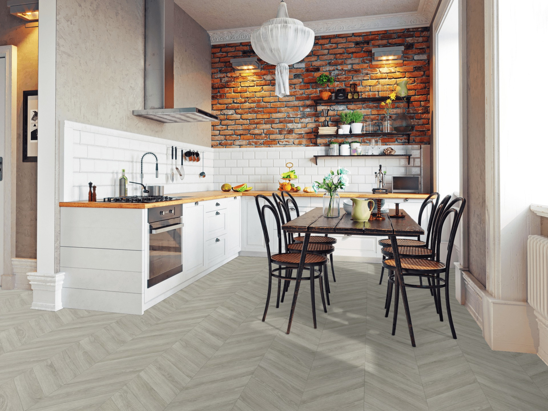 Tapis sur mesure vinyle - Parquet en chevron - Chêne gris dans une cuisine style moderne