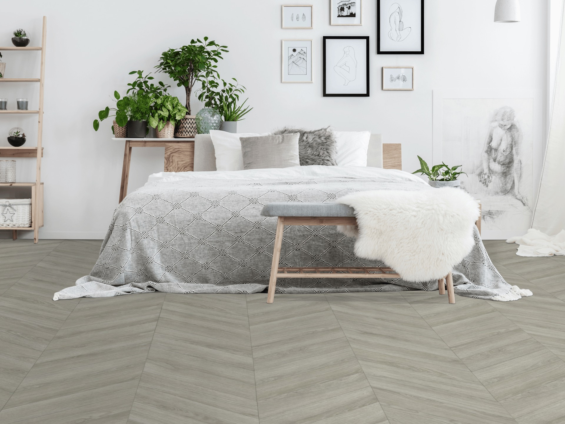 Tapis vinyle en chevron chêne gris dans une chambre au style naturel et épuré