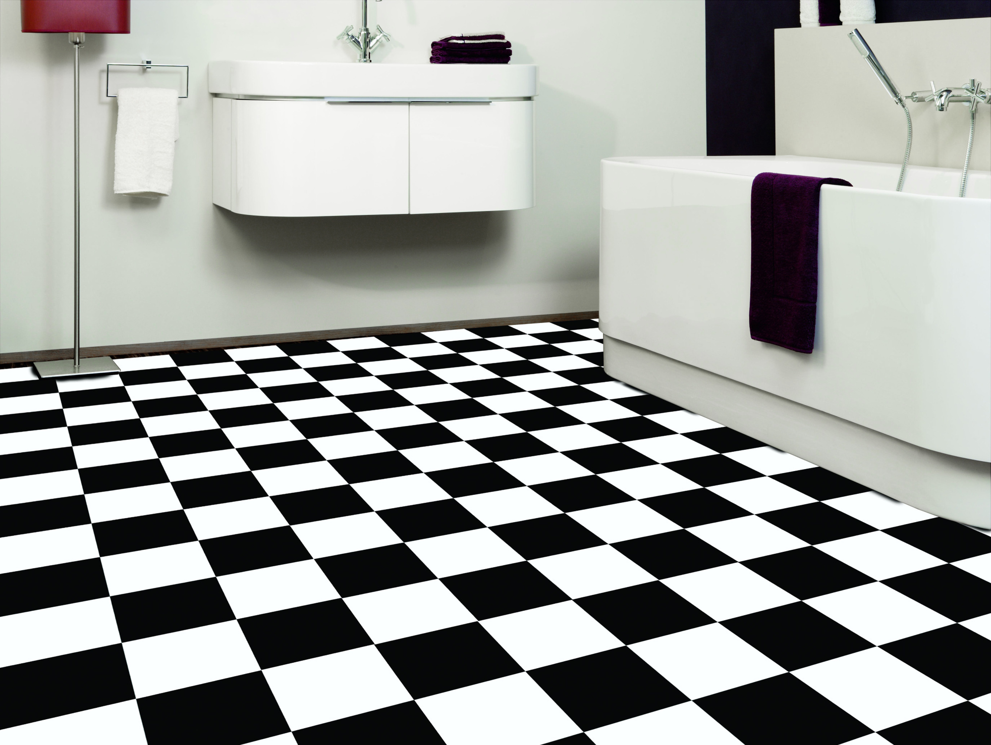 Tapis sur mesure Vinyle carrelage damier noir et blanc furface brillante - salle de bain