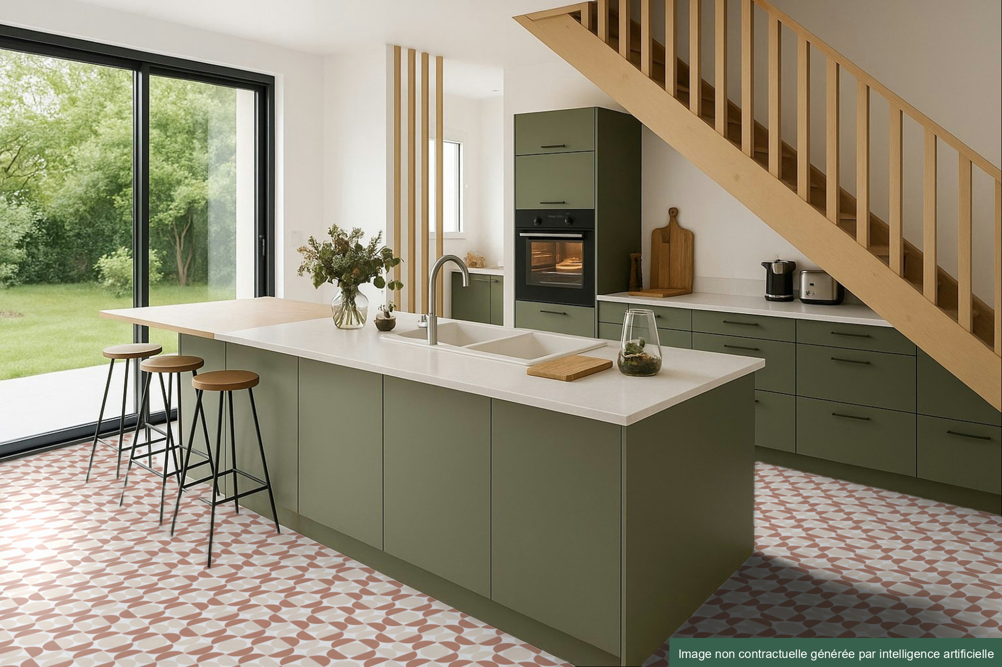 Tapis graphique terracotta et crème dans cuisine verte avec îlot central