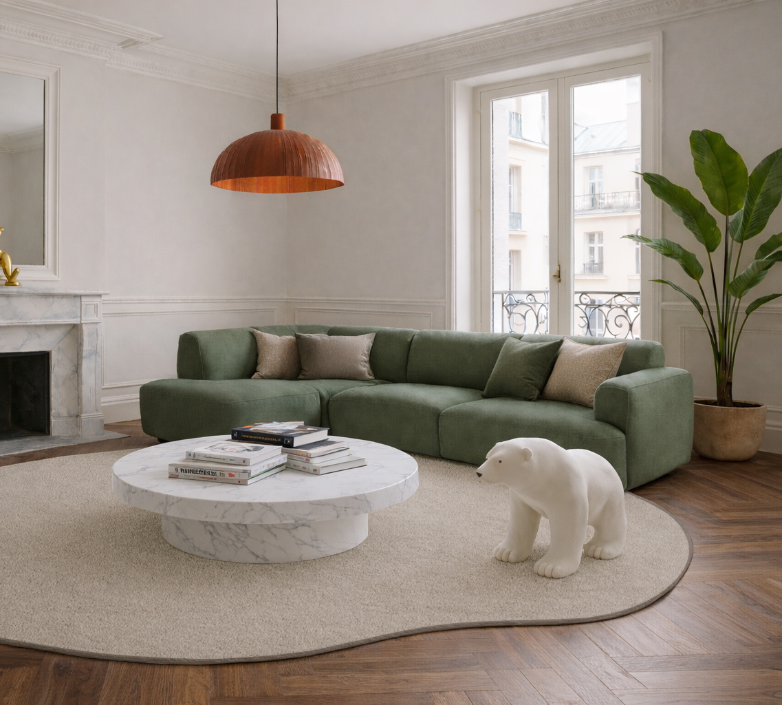 Salon moderne et chic avec un tapis de salon Léopard sauvage couleur Crème, marron & noir