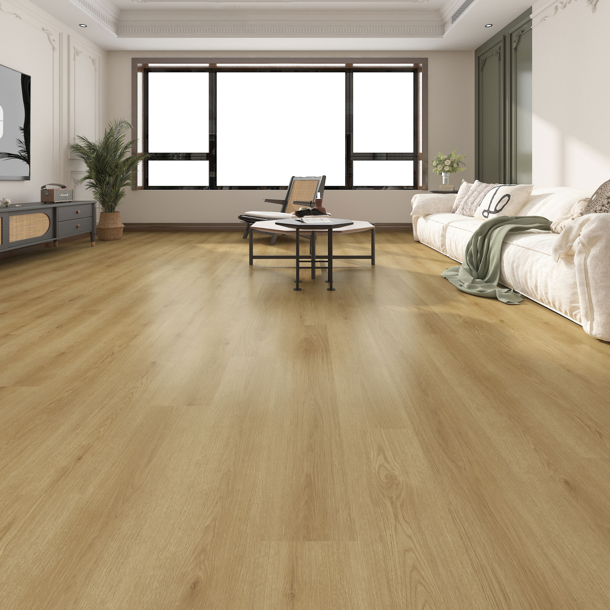 Parquet vinyle rigide intensif pose clipsable chêne naturel dans un intérieur contemporain