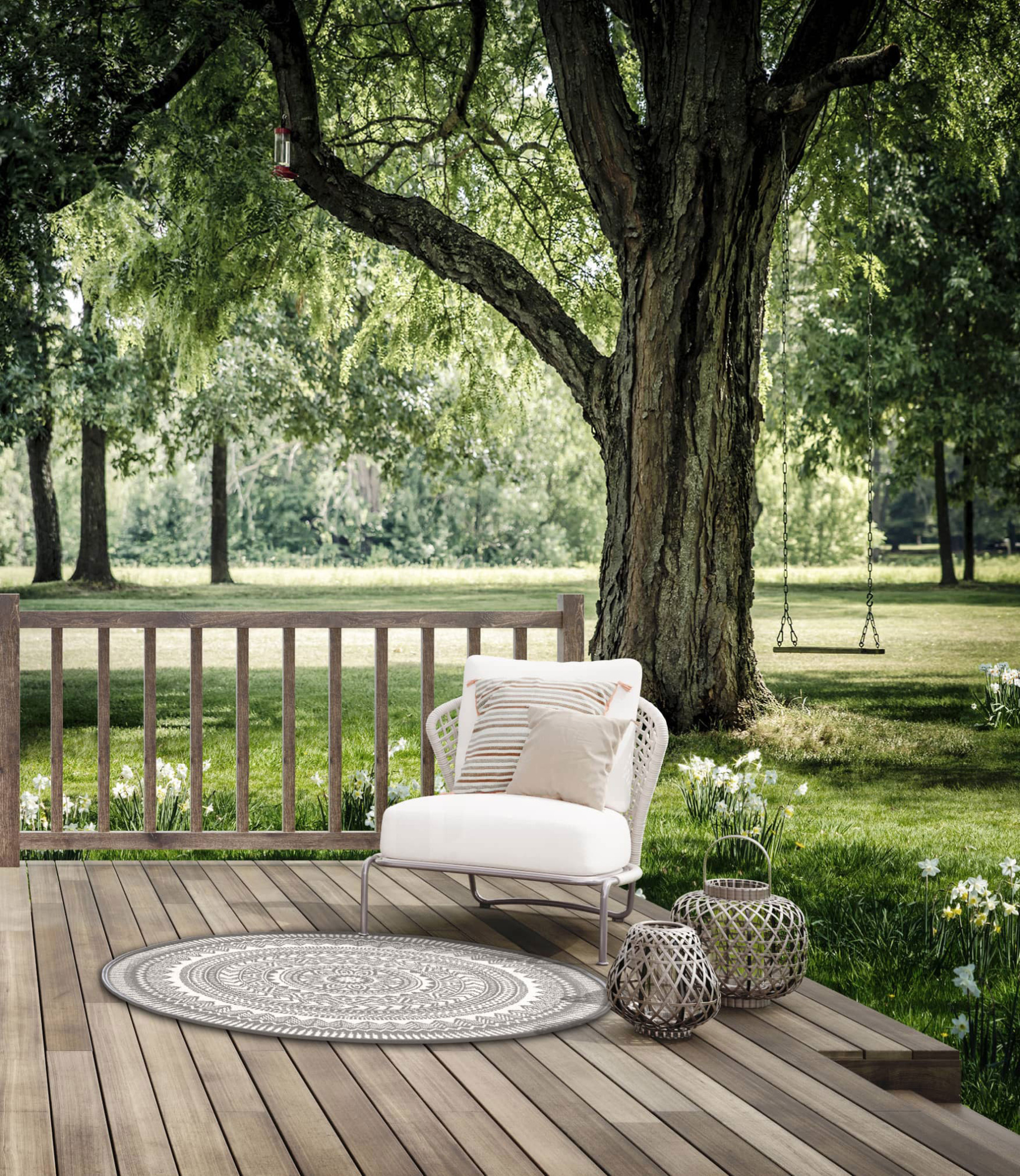 Tapis rond d'intérieur ou d'extérieur - Mandala - Gris - terrasse