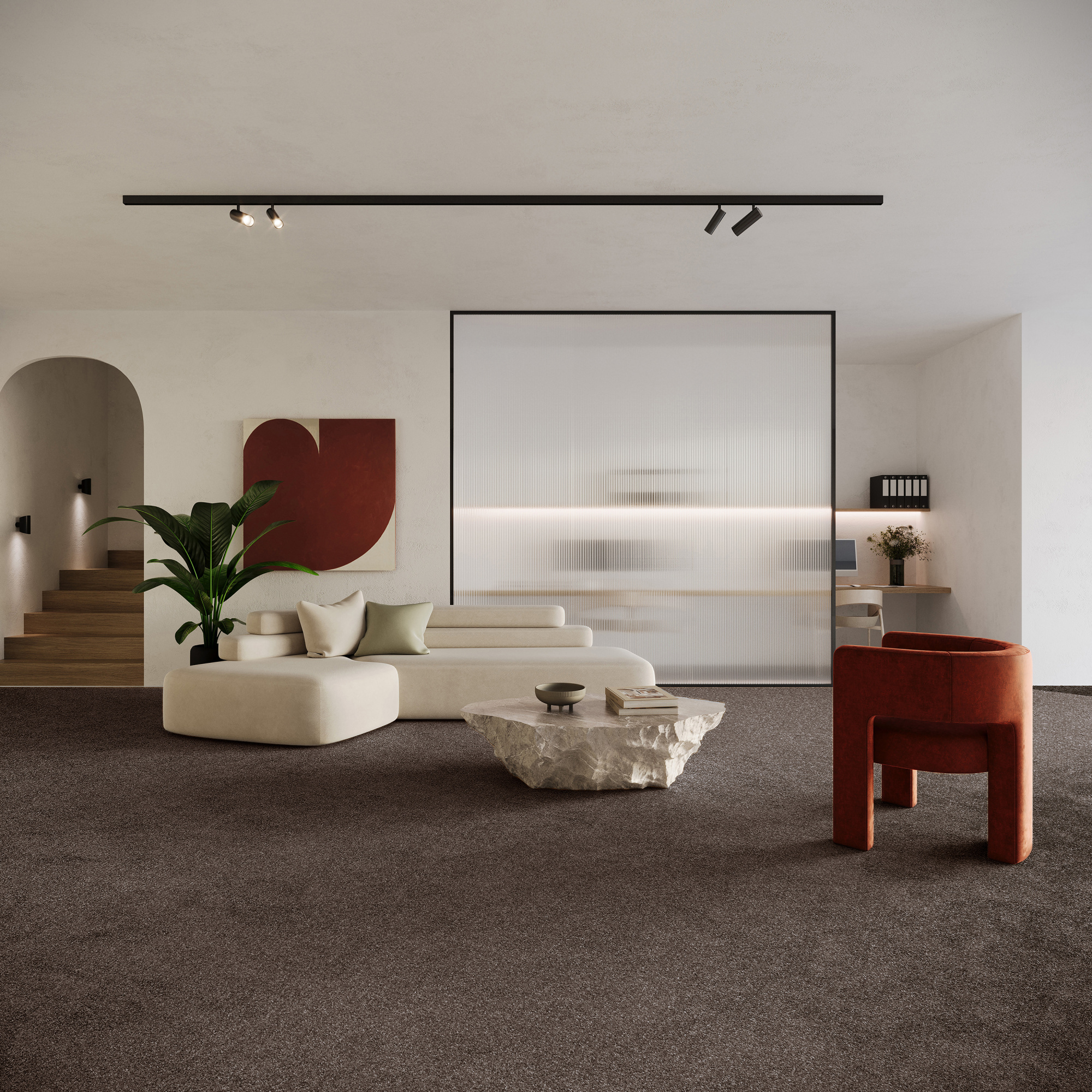 Tapis sur mesure Re-cycle marron brun en fibres recyclées dans un salon moderne et épuré