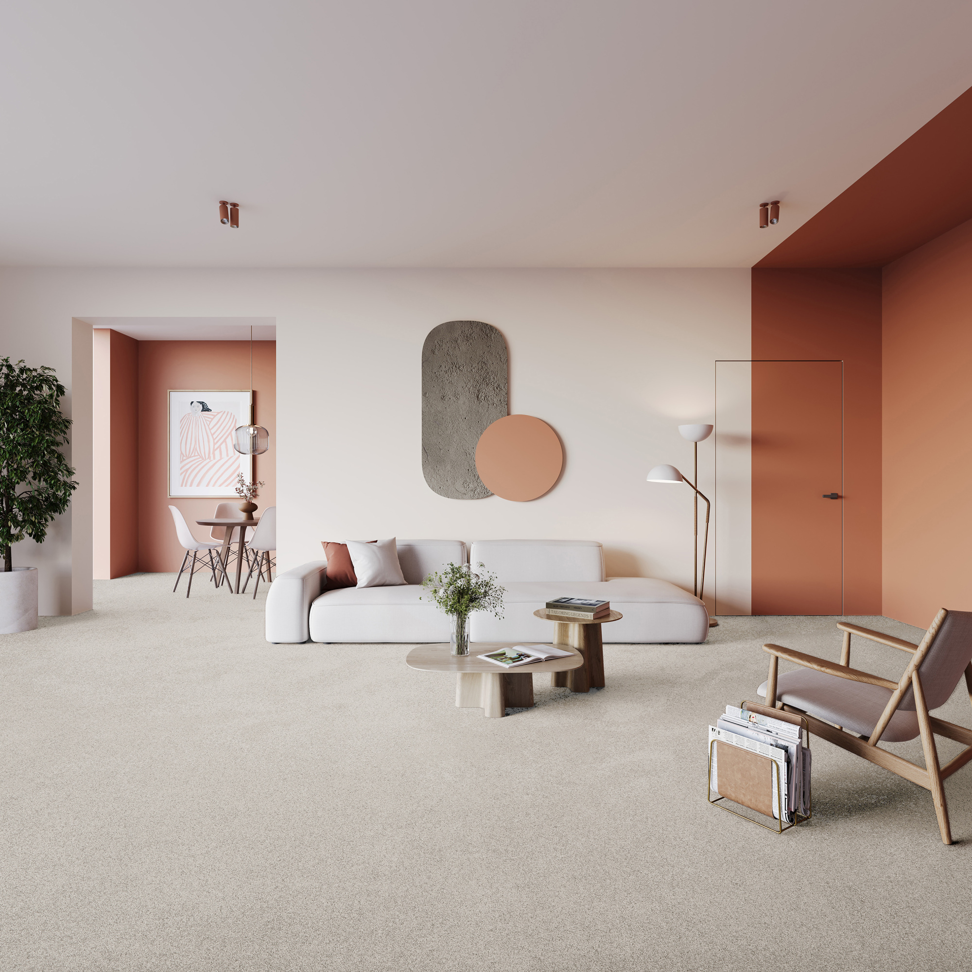 Tapis sur mesure en polyester recyclé Re-life Grège tendre dans salon lumineux et moderne