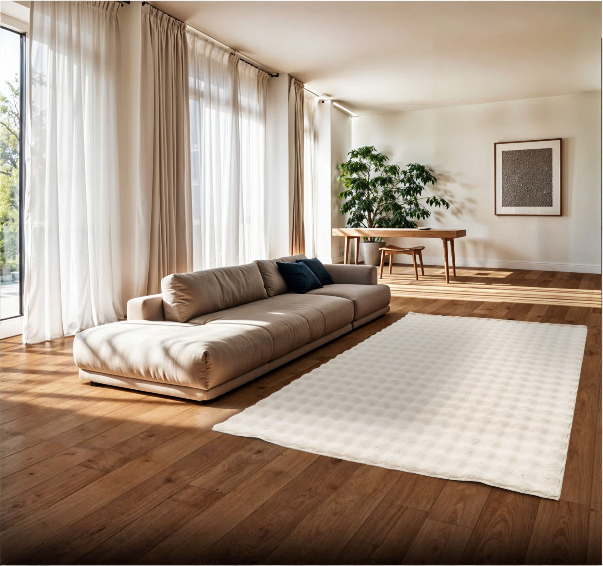 Tapis doux Bubly Latté beige clair avec effet 3D posé dans un grand salon lumineux