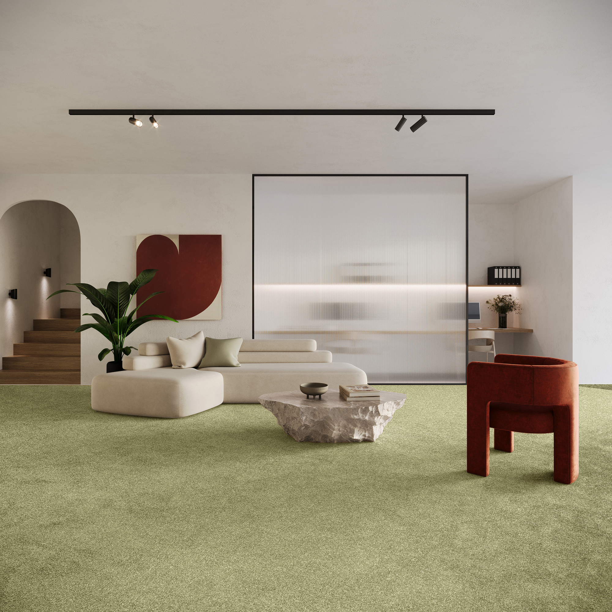 Tapis sur mesure vert kaki Re-cycle dans un salon, confort et engagement écoresponsable