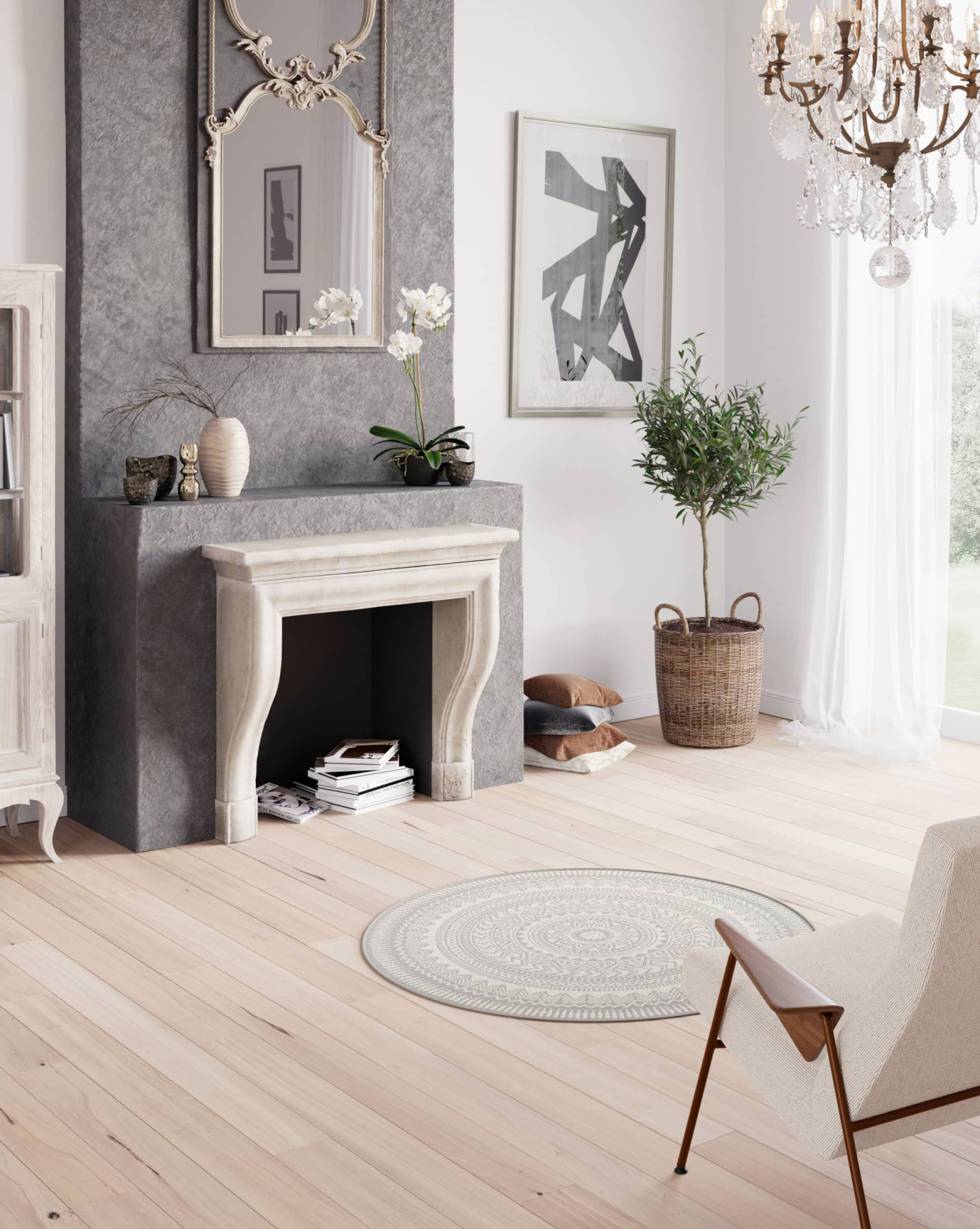 Tapis rond d'intérieur ou d'extérieur - Mandala - Gris - salon