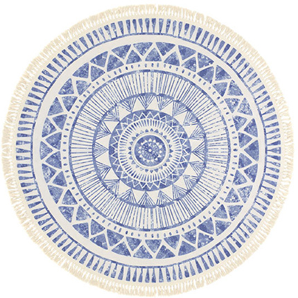 Tapis rond en coton blanc à franges - Aztèque - Motifs bleu